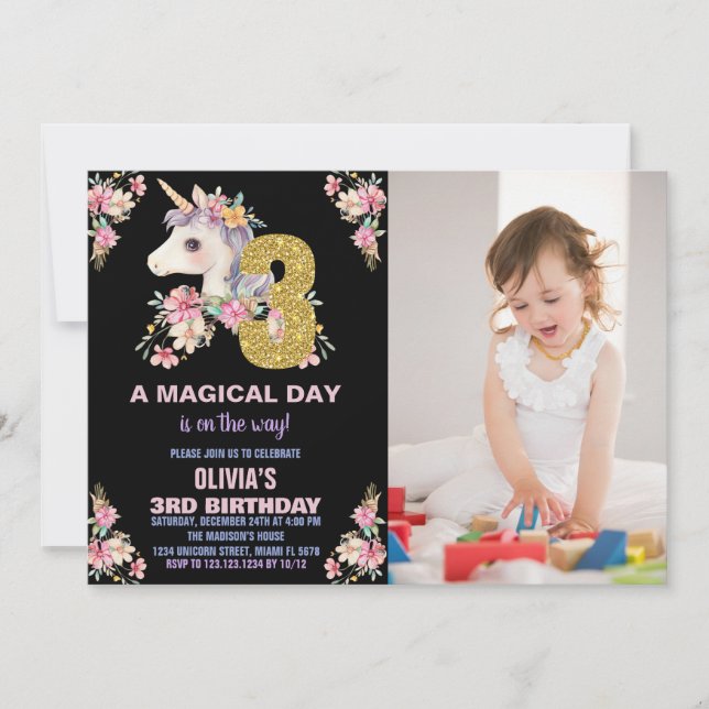 Floral Unicorn Birthday Invitations Glitter photo (Front)