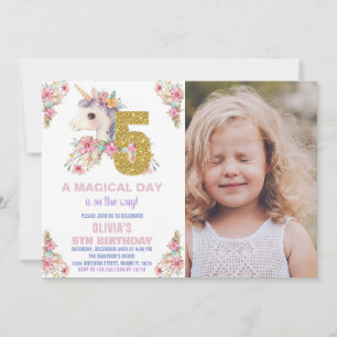 Floral Unicorn Birthday Invitations Glitter photo