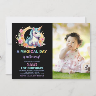 Floral Unicorn Birthday Invitations with photo