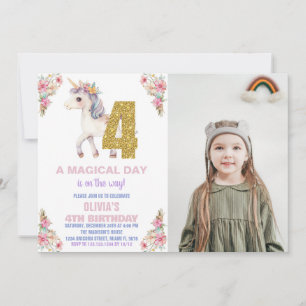 Floral Unicorn Birthday Invitations with photo