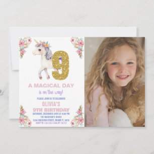 Floral Unicorn Birthday Invitations with photo