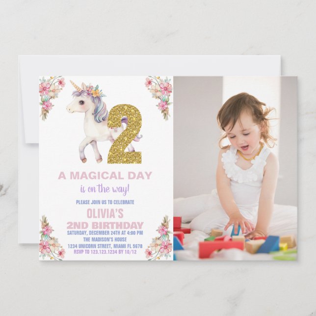 Floral Unicorn Birthday Invitations with photo (Front)