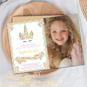 Floral Unicorn Birthday Invitations with photo
