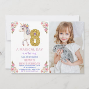 Floral Unicorn Birthday Invitations with photo