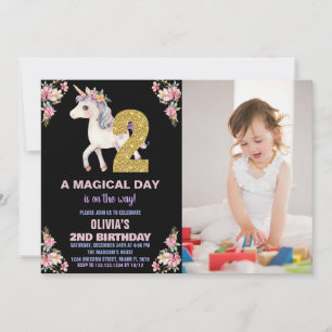 Floral Unicorn Birthday Invitations with photo