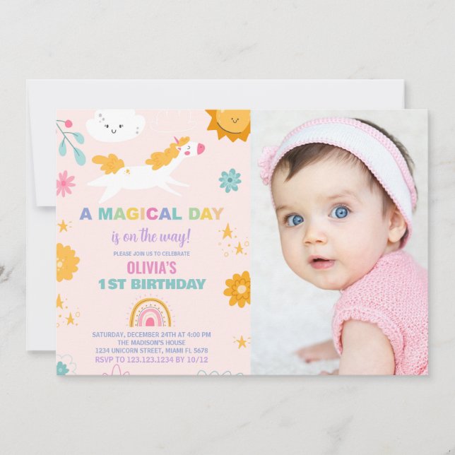 Floral Unicorn Birthday Invitations with photo (Front)