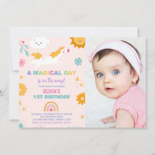 Floral Unicorn Birthday Invitations with photo