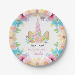 Floral Unicorn Birthday Party Cute Watercolor Paper Plate