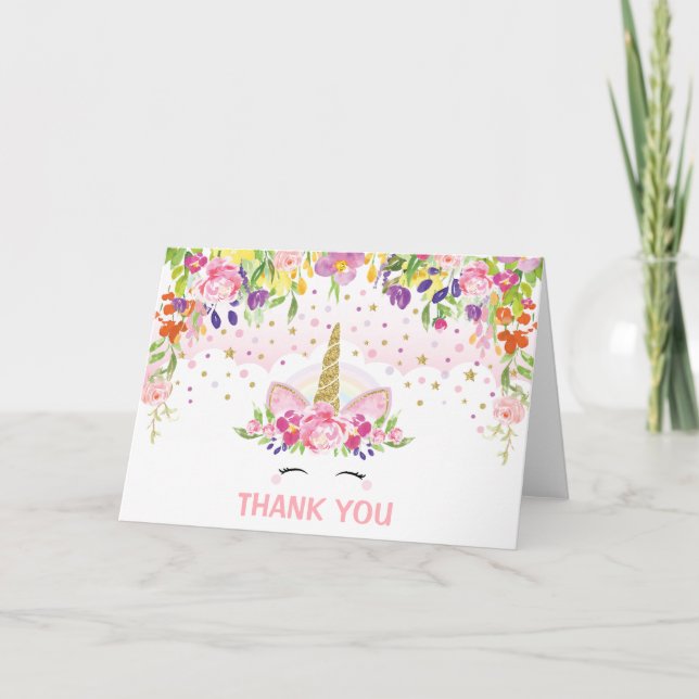 Floral Unicorn Birthday Party Pink Gold Rainbow Thank You Card (Front)