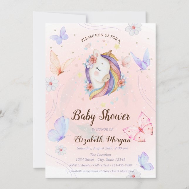  Floral Unicorn Butterflies Stars Baby Shower Invitation (Front)