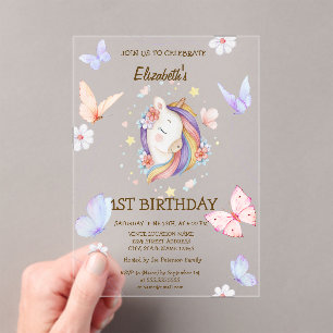Floral Unicorn Butterflies Striped Birthday   Acrylic Invitations