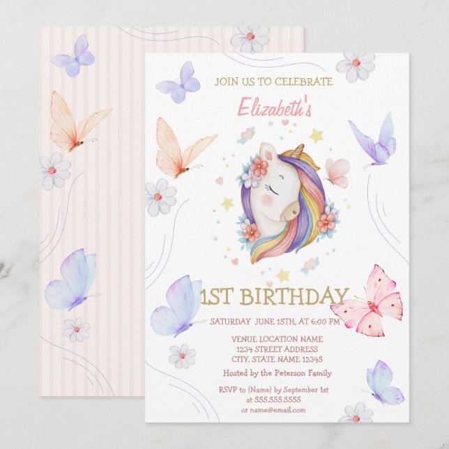  Floral Unicorn Butterflies Striped Birthday   Invitation (Front/Back)