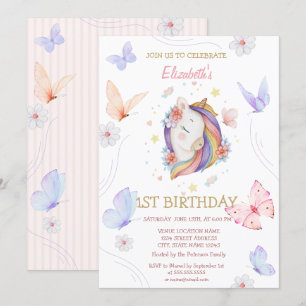 Floral Unicorn Butterflies Striped Birthday Invitation