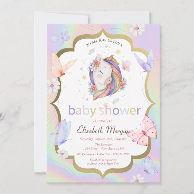 Floral Unicorn Butterfly Holographic Baby Shower  Invitation (Front)