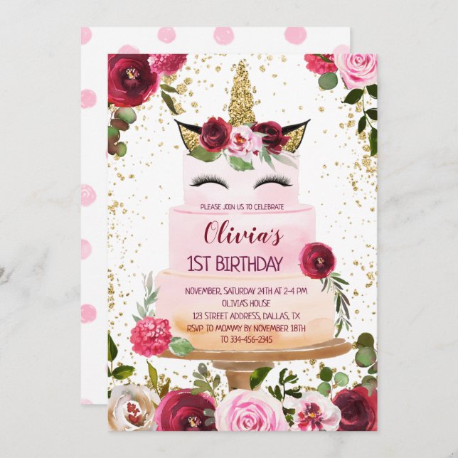 Floral Unicorn Cake Birthday Invitation (Front/Back)