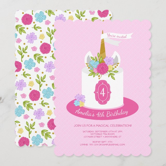 Floral Unicorn Cake Birthday Party Invitation (Front/Back)