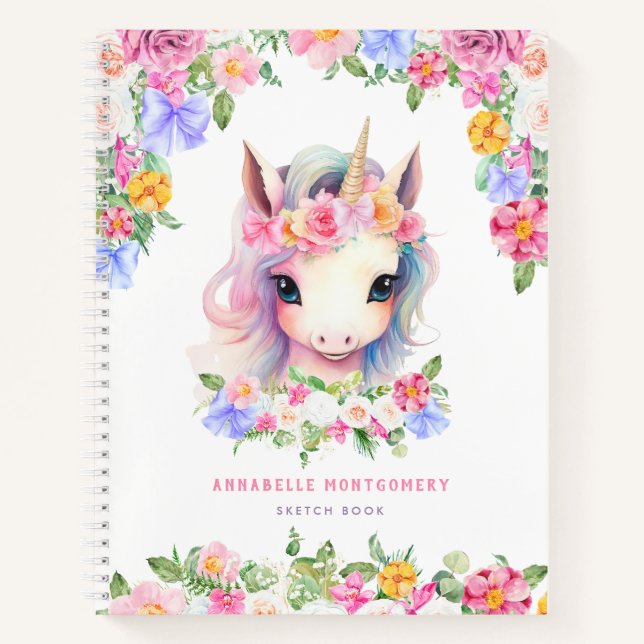 Floral Unicorn Cute Girly Custom Name Kids Sketch Notebook (Front)