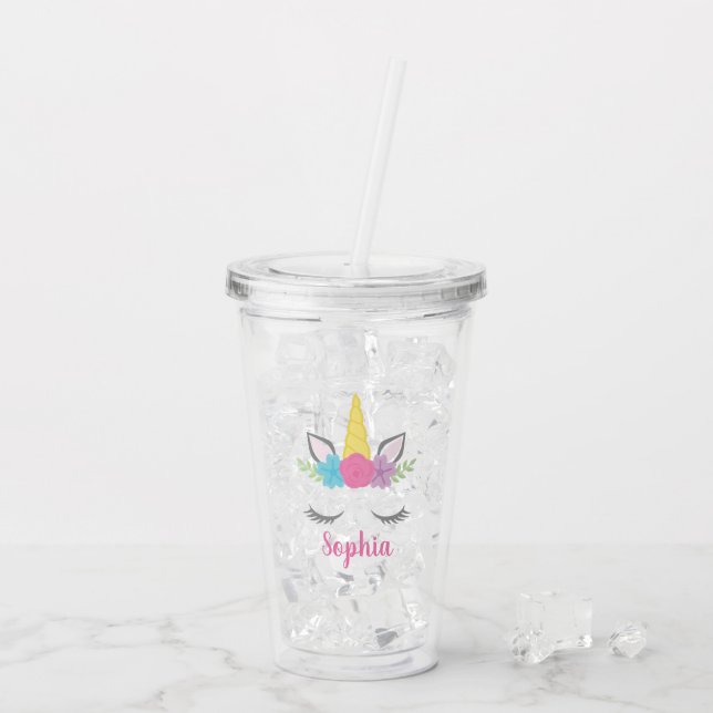 Floral Unicorn Face Personalised Acrylic Tumbler (Back Ice)