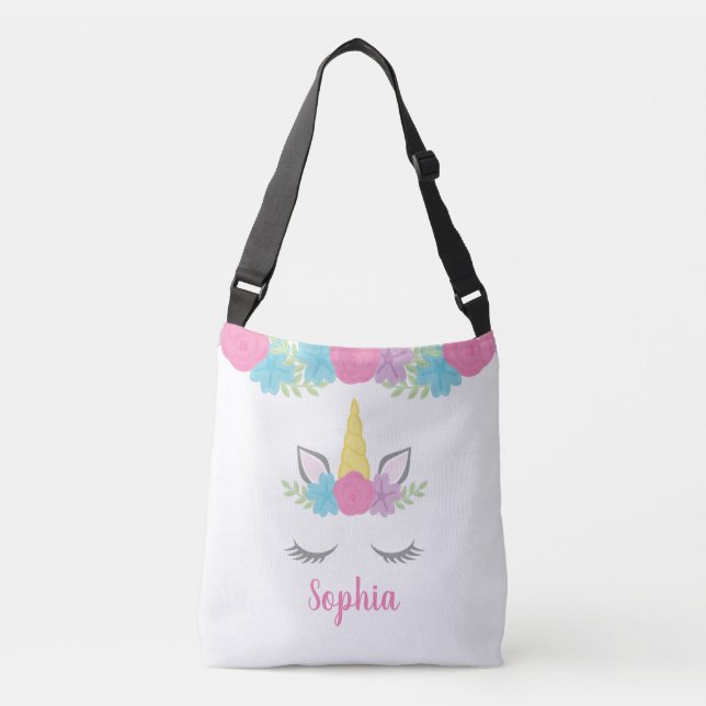 Floral Unicorn Face Personalised Crossbody Bag (Front)