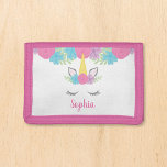 Floral Unicorn Face Personalised Girls Trifold Wallet<br><div class="desc">Cute unicorn wallet makes a wonderful gift for a girl. Design features a unicorn face and flowers in purple,  pink and teal. Personalise with a name for a custom gift she will love.</div>