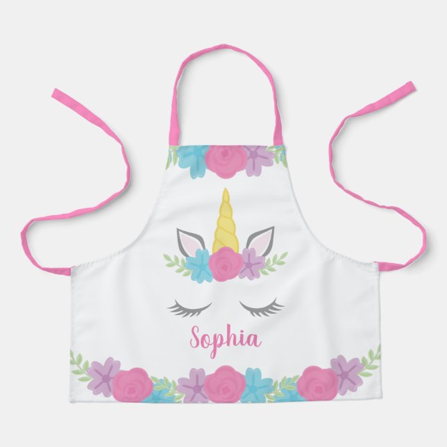 Floral Unicorn Face Personalised Kids Apron (Front)
