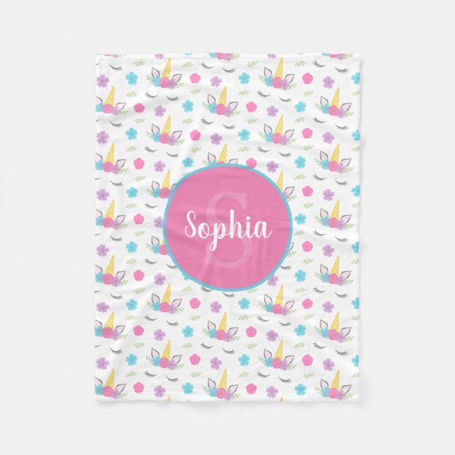 Floral Unicorn Face Personalised Monogram Fleece Blanket (Front)