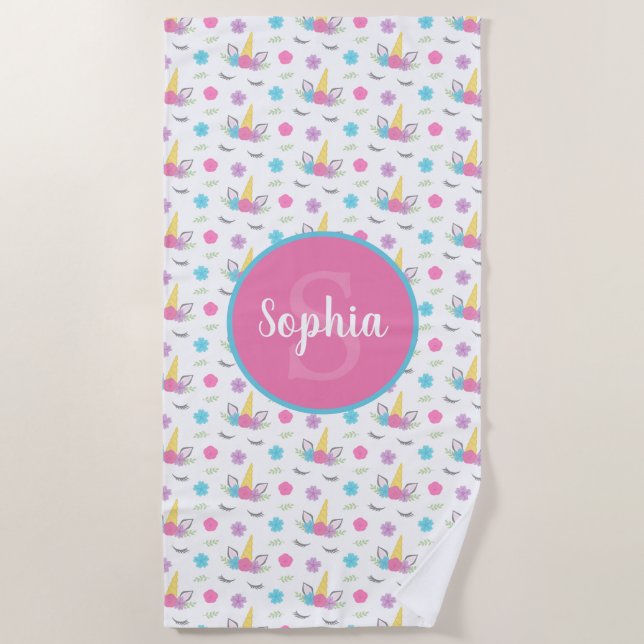 Floral Unicorn Face Personalised Monogram Girl Beach Towel (Front)