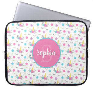 Floral Unicorn Face Personalised Monogram Laptop Sleeve