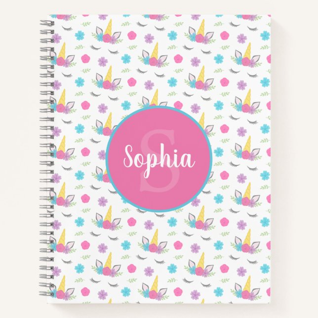 Floral Unicorn Face Personalised Monogram Notebook (Front)