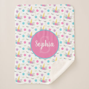 Floral Unicorn Face Personalised Monogram Sherpa Blanket