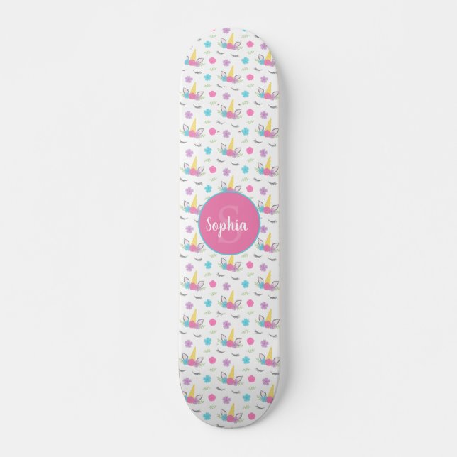 Floral Unicorn Face Personalised Monogram Skateboard (Front)