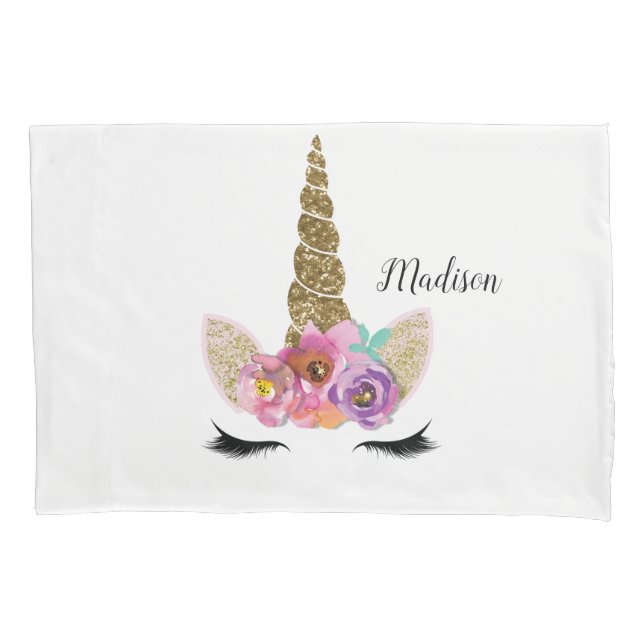 Floral Unicorn Gold Glitter Girly Girls Sparkle Pillowcase (Front)