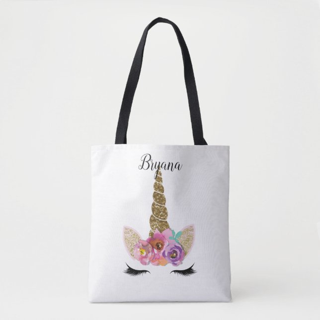 Floral Unicorn Gold Glitter Girly Girls Sparkle Tote Bag (Front)