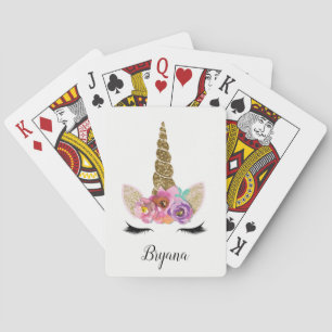 Floral Unicorn Gold Glitter Glam Personalised Playing Cards