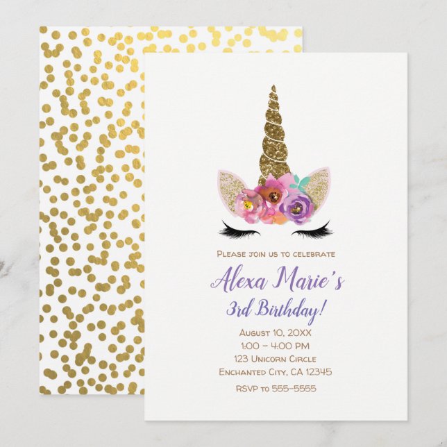 Floral Unicorn Horn Gold Confetti Birthday Party Invitation (Front/Back)