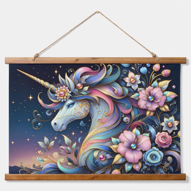 Floral Unicorn Night Fantasy Hanging Tapestry (Front)