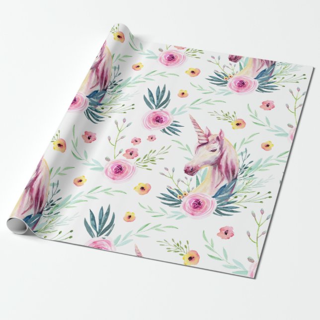 Floral Unicorn Pattern Wrapping Paper (Unrolled)