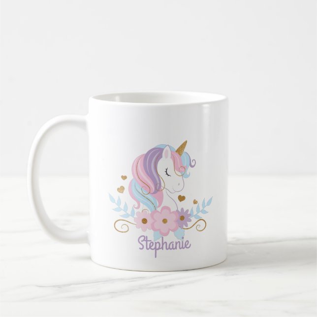 Floral Unicorn Personalised Name Cute Coffee Mug (Left)
