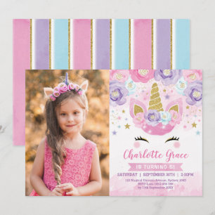 Floral Unicorn Pink Purple Blue Rainbow Birthday Invitation