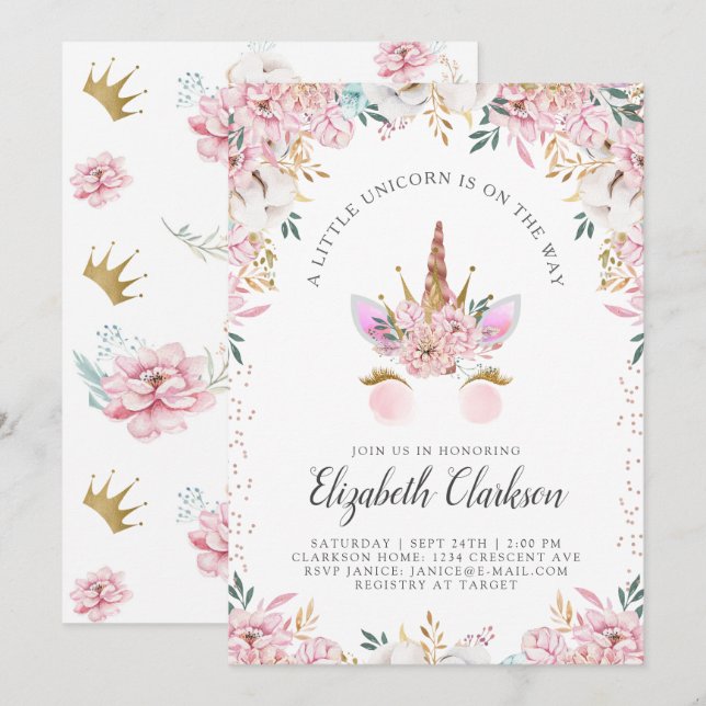 Floral Unicorn Princess Baby Shower Invitation (Front/Back)