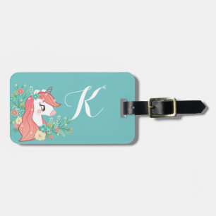 Floral Unicorn Turquoise Monogrammed Luggage Tag