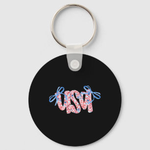 Floral Usa Coquette Bow 4th Of July America Key Ring