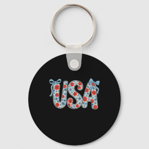 Floral Usa Coquette Bow Patriotic 4th Of July Woma Key Ring
