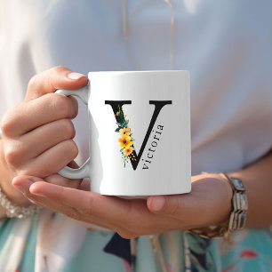 Floral V Monogram Mug with Editable Name