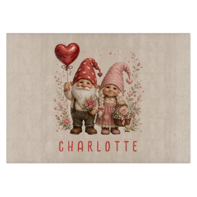 Floral Valentine Gnomes Custom Cutting Board (Front)