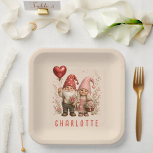 Floral Valentine Gnomes Custom Paper Plate