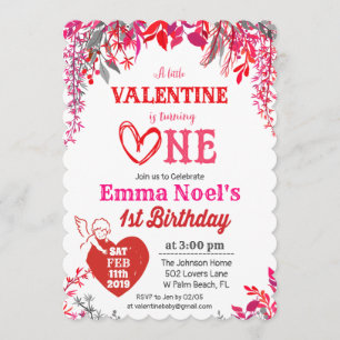 Floral Valentine's Day 1st Birthday Invitation