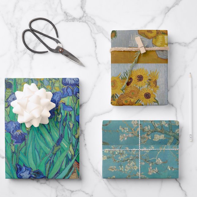 Floral Van Gogh Irises Sunflowers Almond Blossom Wrapping Paper Sheet (Front)