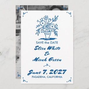 Floral Vase Rustic Whimsical Sketch Blue Photo Save The Date