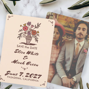 Floral Vase Rustic Whimsical Sketch Custom Photo Save The Date